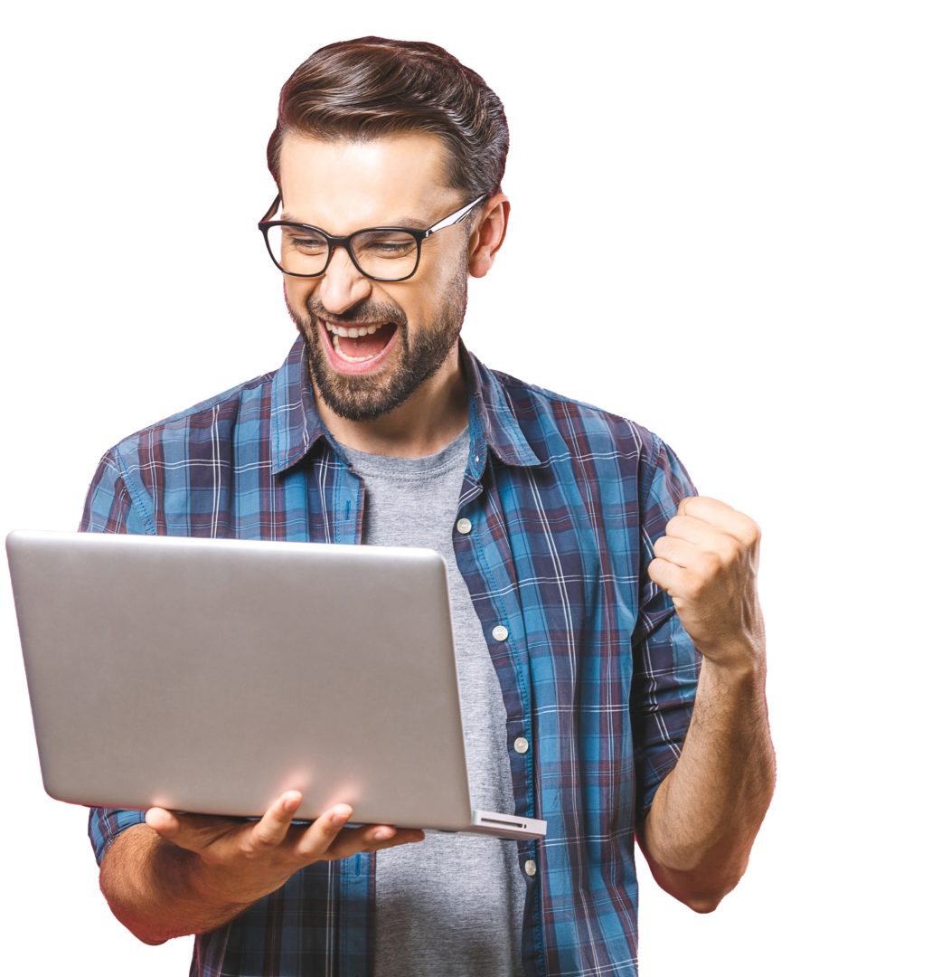 Newsletter 2 Begeisterter Mann mit Laptop
