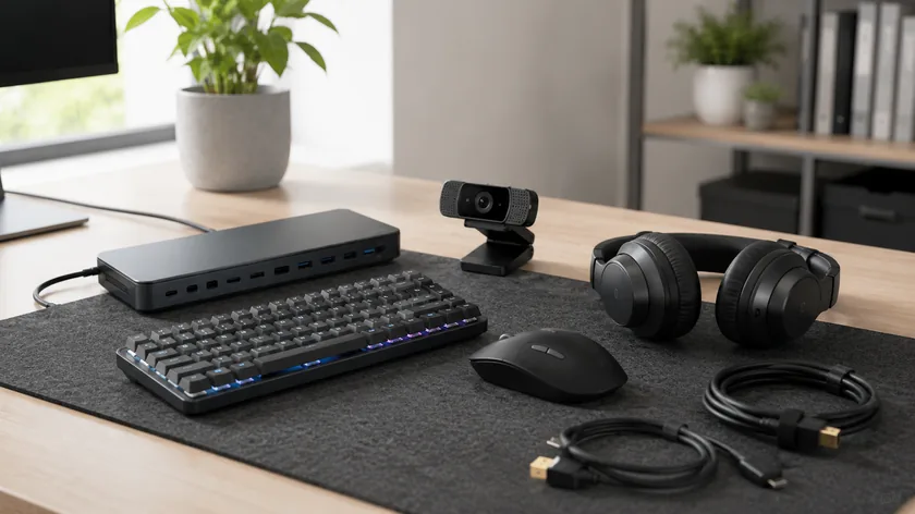 Computer Accessories for Rental: Keyboard, Mouse, Webcam, Headphones, and Docking Station on a Desk
