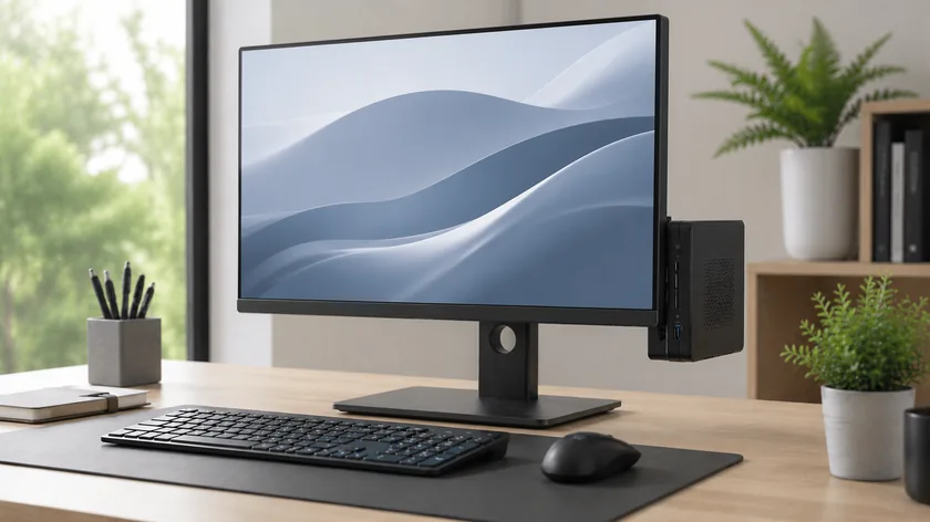 Compact mini-PC with monitor, keyboard, and mouse at the office workstation – Desktop PC rental