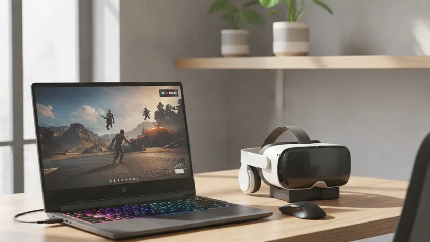 Gemieteter Gaming-Laptop mit VR-Headset fuer VR-Anwendungen und Simulationen