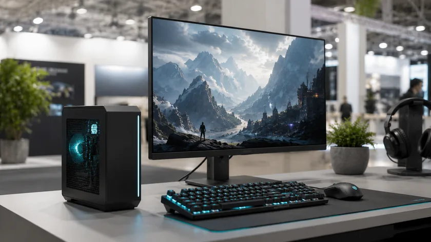Compact gaming PC with monitor at a demo station on a trade show booth – Gaming PC rental for events