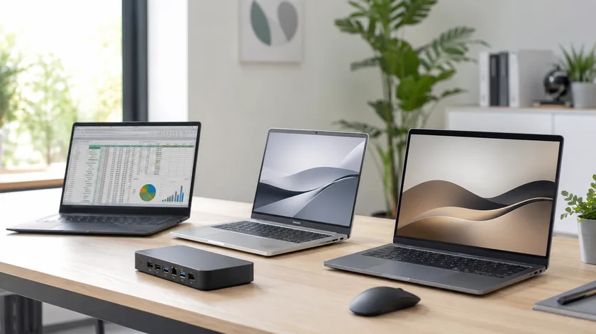 Three business laptops with docking stations on a desk – Laptop rental from get-IT-easy