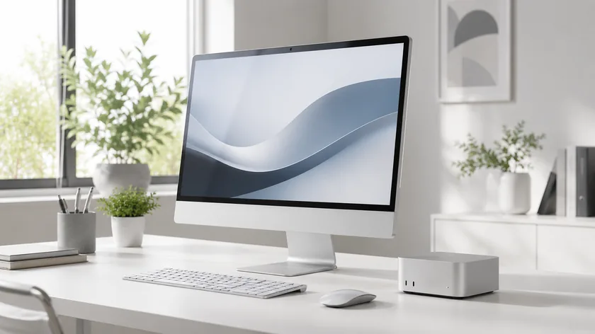 iMac and Mac mini on a minimalist desk – Mac rental for creative teams and agencies