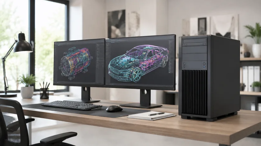 Workstation with two monitors and a 3D CAD model at the workplace – Workstation rental for CAD and rendering