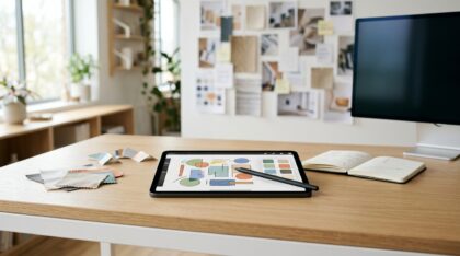 iPad Pro mit Apple Pencil auf dem Schreibtisch eines Designstudios mit Moodboard und Stoffmustern