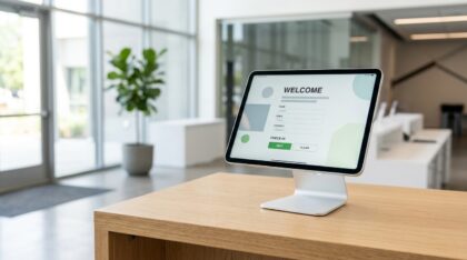 Standard-iPad im Tischständer als Check-in-Station am Empfang eines Event-Foyers