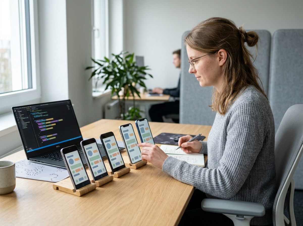 Testerin prüft eine App auf mehreren iPhone-Generationen in Ständern