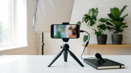 iPhone Pro on a table tripod with a clip-on microphone in a well-lit studio – iPhone Pro rental