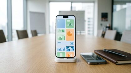 An iPhone Pro Max in a desk stand next to a smaller smartphone on a conference table – iPhone Pro Max rental