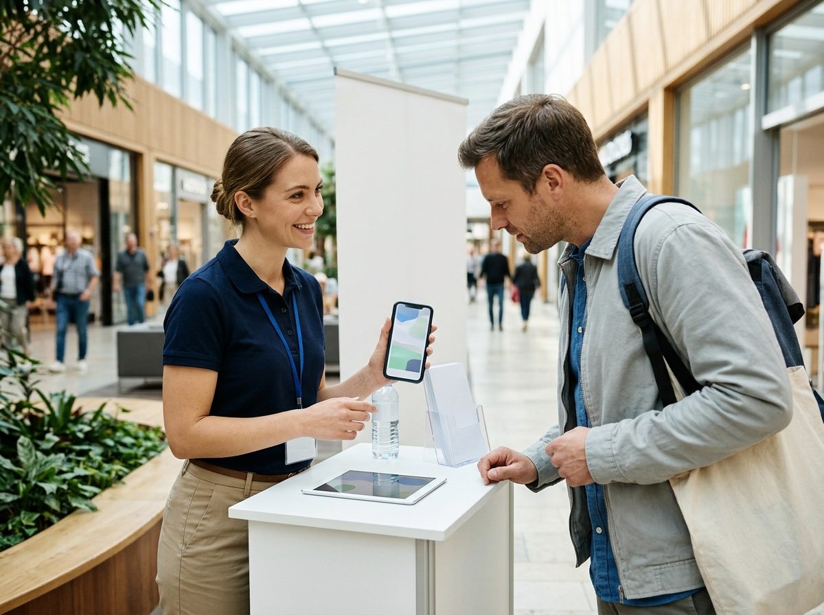 Promoterin zeigt einem Passanten im Einkaufszentrum eine Präsentation auf einem iPhone