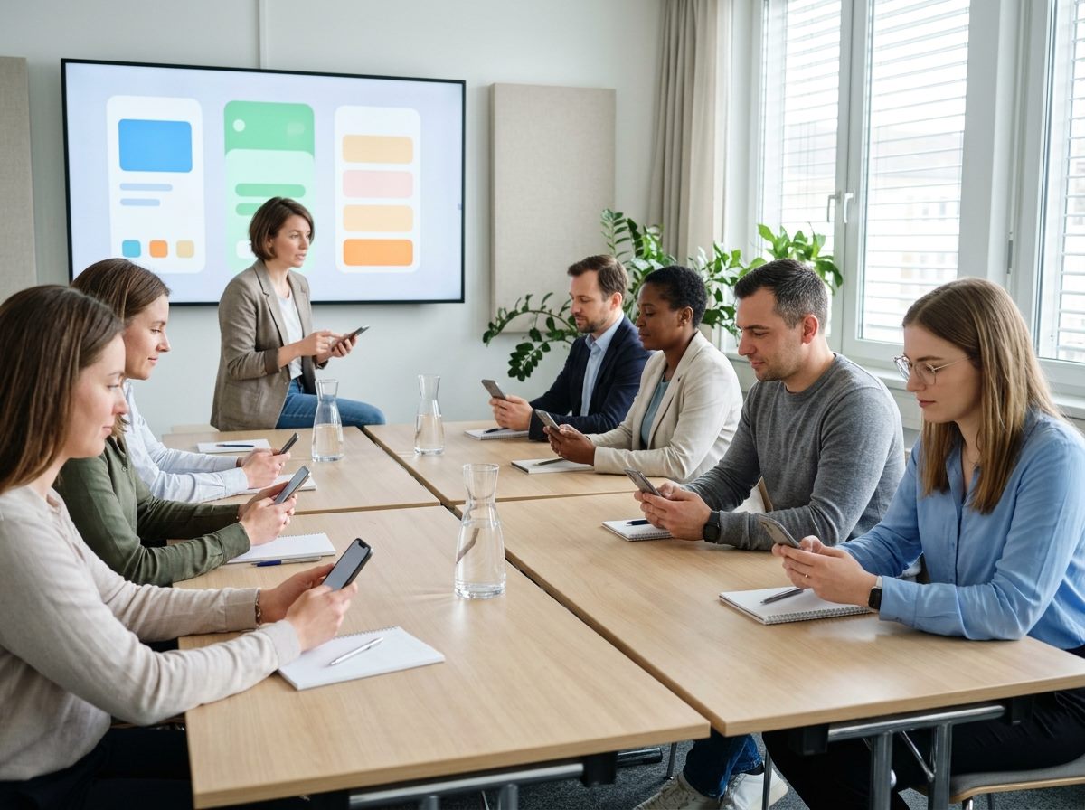 Teilnehmende einer Schulung arbeiten mit identischen Miet-iPhones