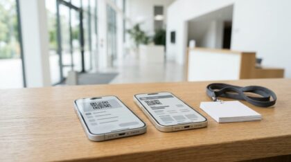 Two standard iPhones with the check-in screen displayed on a reception desk – iPhone rental