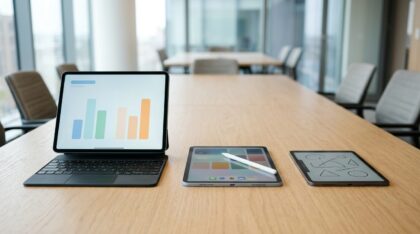 Drei Apple iPads in unterschiedlichen Größen mit Tastatur-Case und Stift auf einem Konferenztisch – Apple iPad mieten
