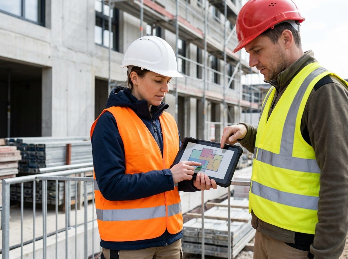 Bauleiterin und Handwerker prüfen einen Plan auf einem Tablet in Schutzhülle
