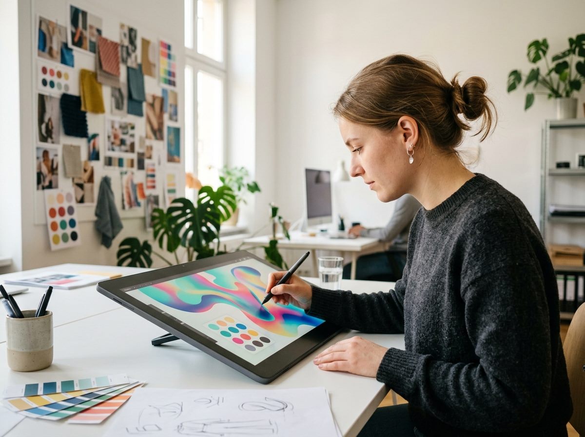 Designerin zeichnet mit Stift auf einem großen Miet-Tablet im Kreativstudio