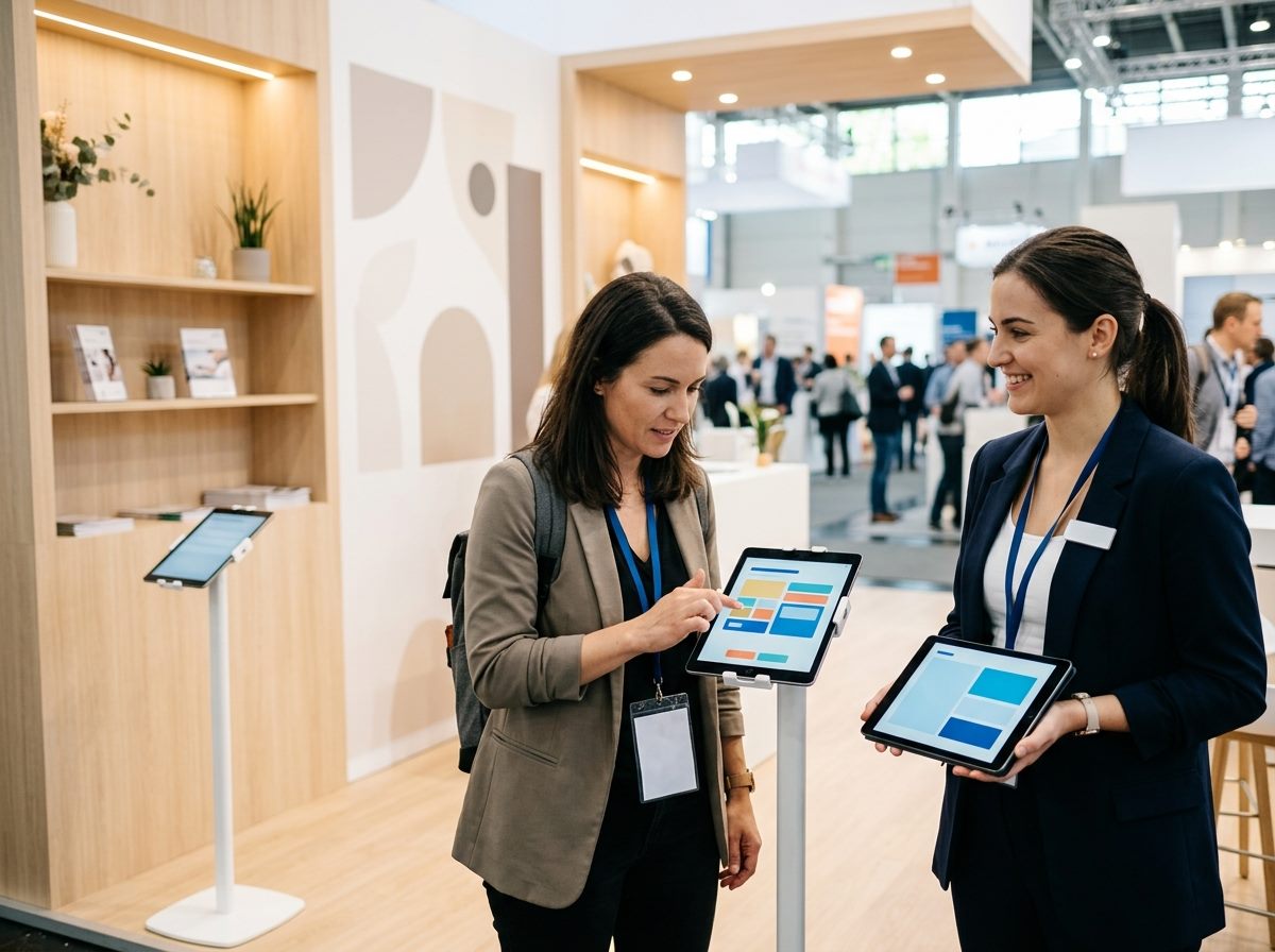 Messestand mit Tablets auf Bodenständern als Check-in- und Umfrage-Station