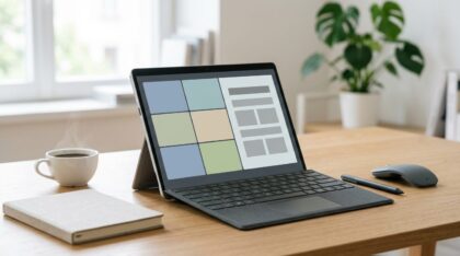 Microsoft Surface Pro mit Tastatur-Cover, Stift und Maus auf einem Schreibtisch im Homeoffice – Microsoft Surface mieten