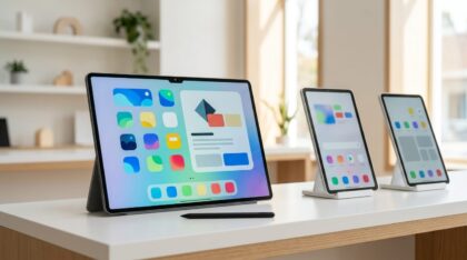 Großes Android-Tablet mit Stift und zwei kleinere Tablets in Ständern auf einer Präsentationstheke – Samsung Galaxy Tab mieten